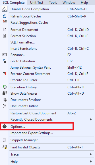 The Options command in the SQL Complete main menu