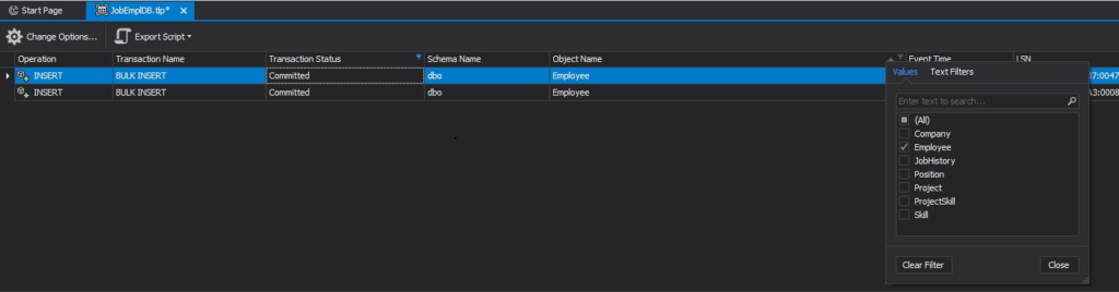 selecting committed transactions for the employee table
