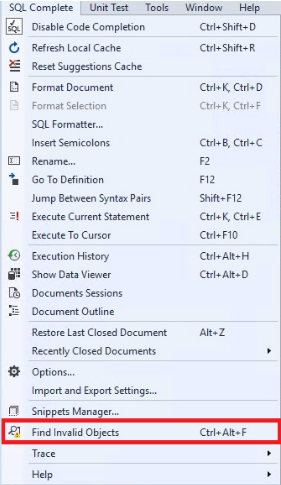 Select the command 'Find Invalid Objects' in the menu of SQL Complete