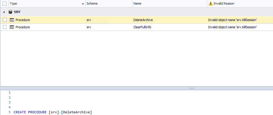 The table with objects that have a reference to invalid objects in a database