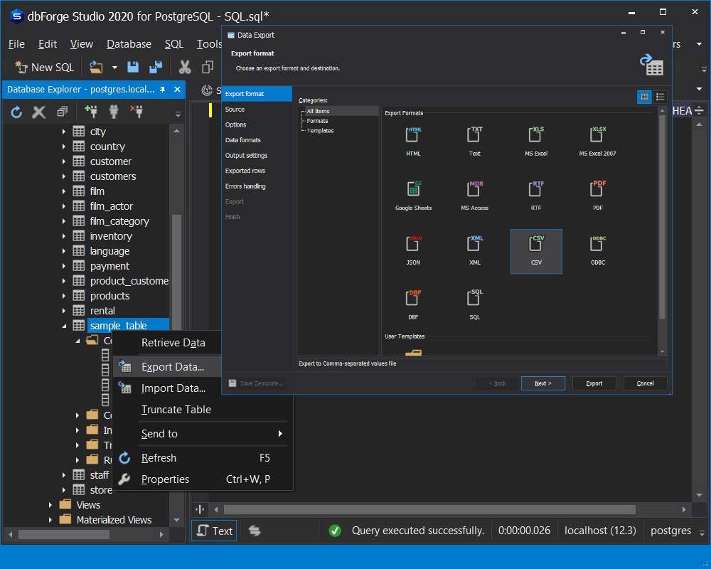 exporting postgresql data to a csv file using dbForge Studio for PostgreSQL