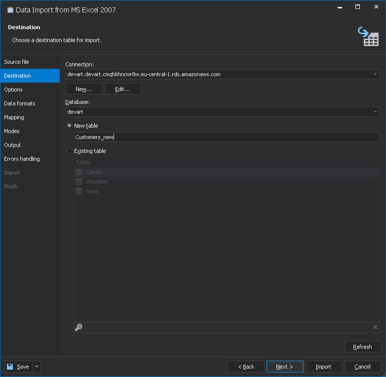 AWS RDS import MySQL data - select destination table