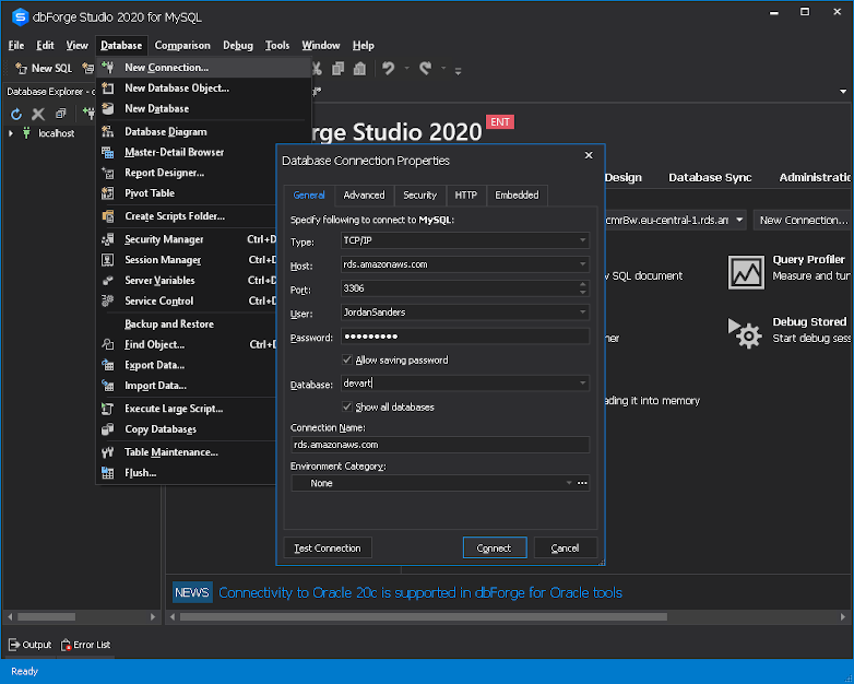 Amazon RDS import database data - setting connection