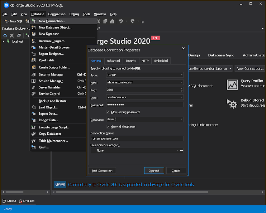 AWS RDS export MySQL database data - establish a connection