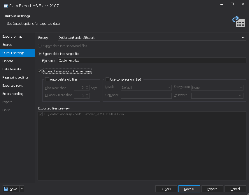 Export AWS RDS database data - set output options