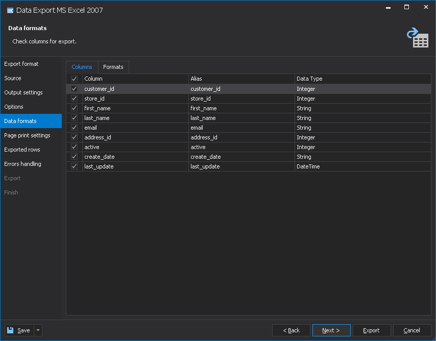Export AWS RDS database data - select columns