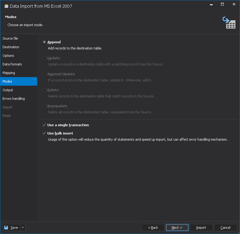 Amazon RDS import database data - import mode