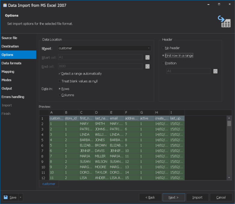 AWS RDS import MySQL data - select import options