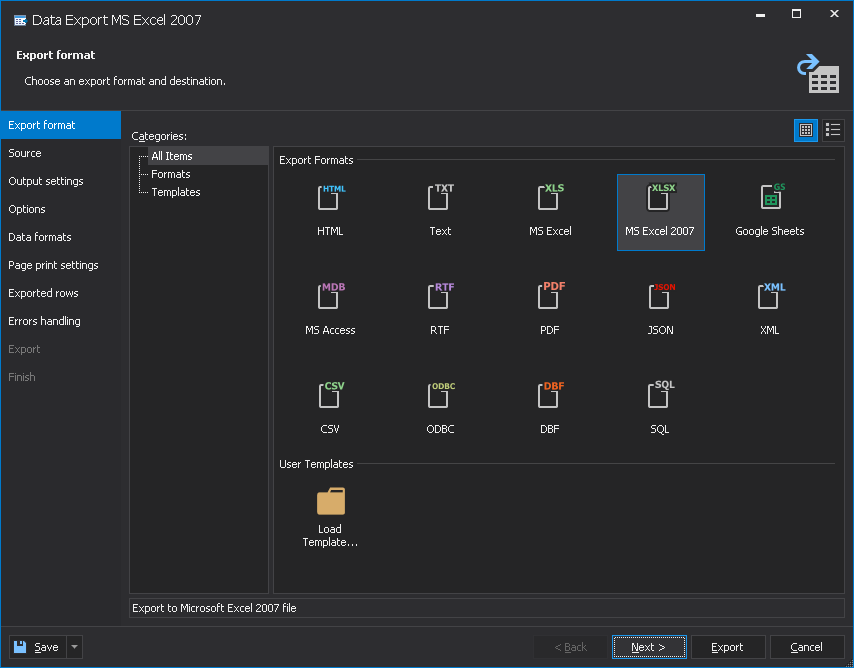 Amazon RDS export database data - select file format