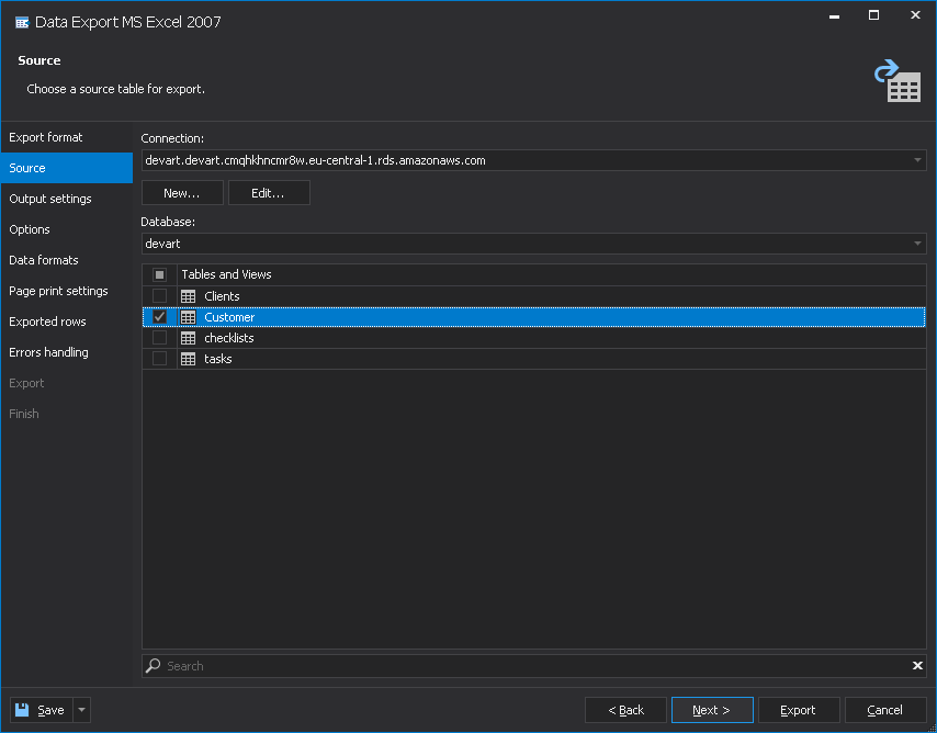 AWS RDS export MySQL database data - select a source table