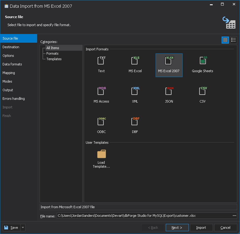 Import MySQL data to Amazon RDS - select source file