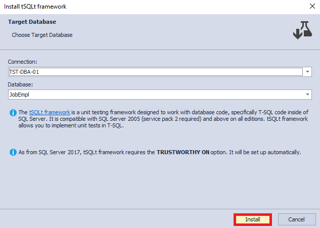 Setting the Install tSQLt framework tab