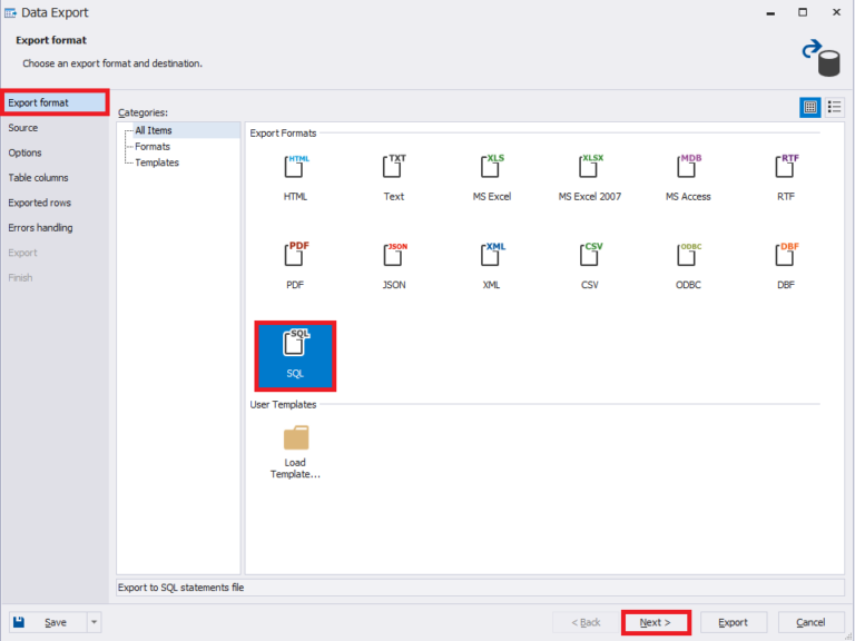 Selecting the export format
