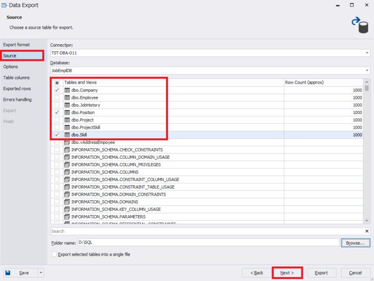 The source data for export