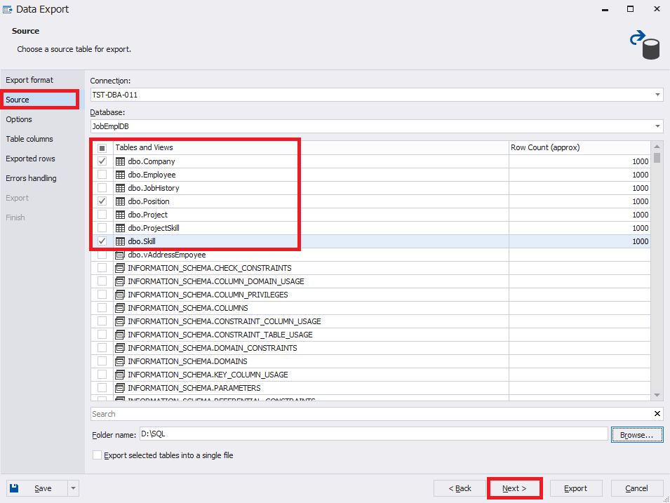 The source data for export