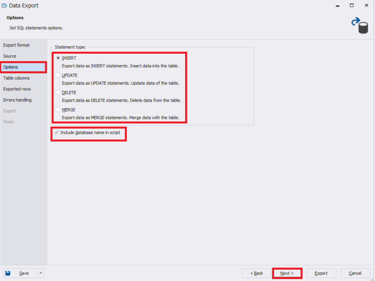 The statement types in the data export options