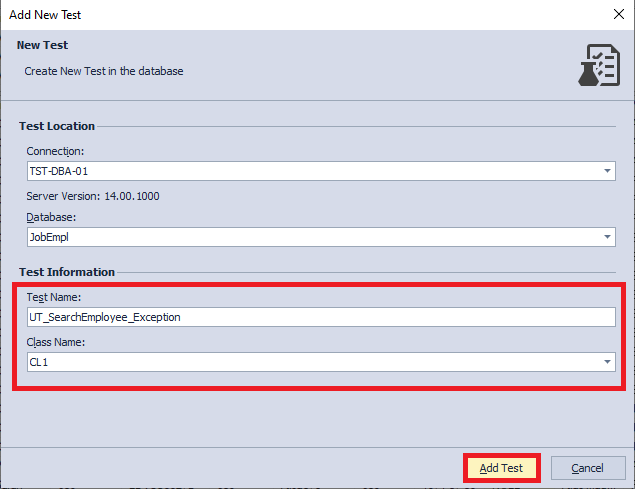 Inserting the test name and the class name of our unit test