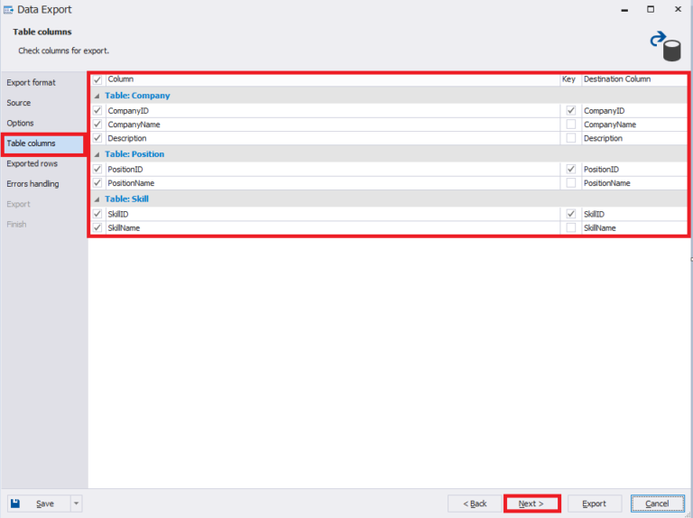 The table columns tab where you can select the columns and key field for export