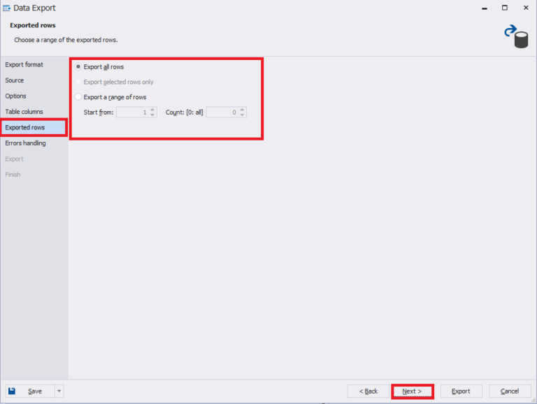 Exported rows tab where you can select a range of rows or all rows for export