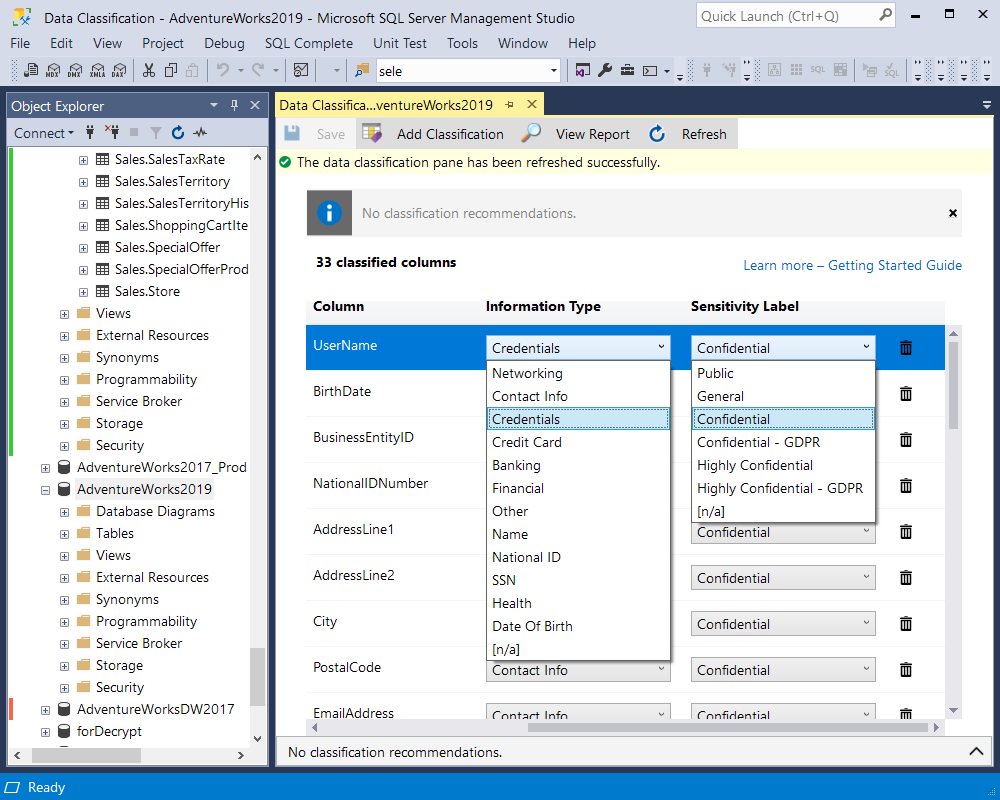 Each column has the Information Type and Sensitivity Label properties