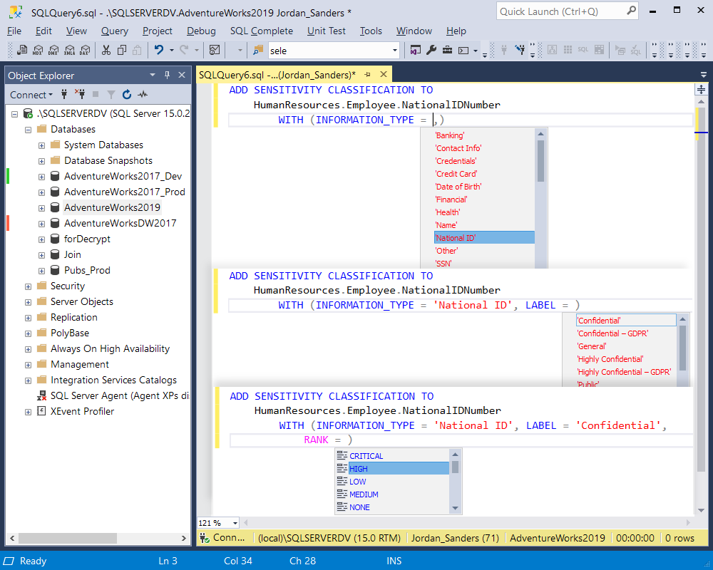 Running the ADD SENSITIVITY CLASSIFICATION command in a SQL Server database