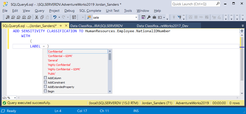 Sensitivity labels for data classification in SQL Server 2019