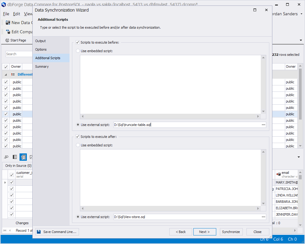 Additional scripts in Data Synchronization wizard