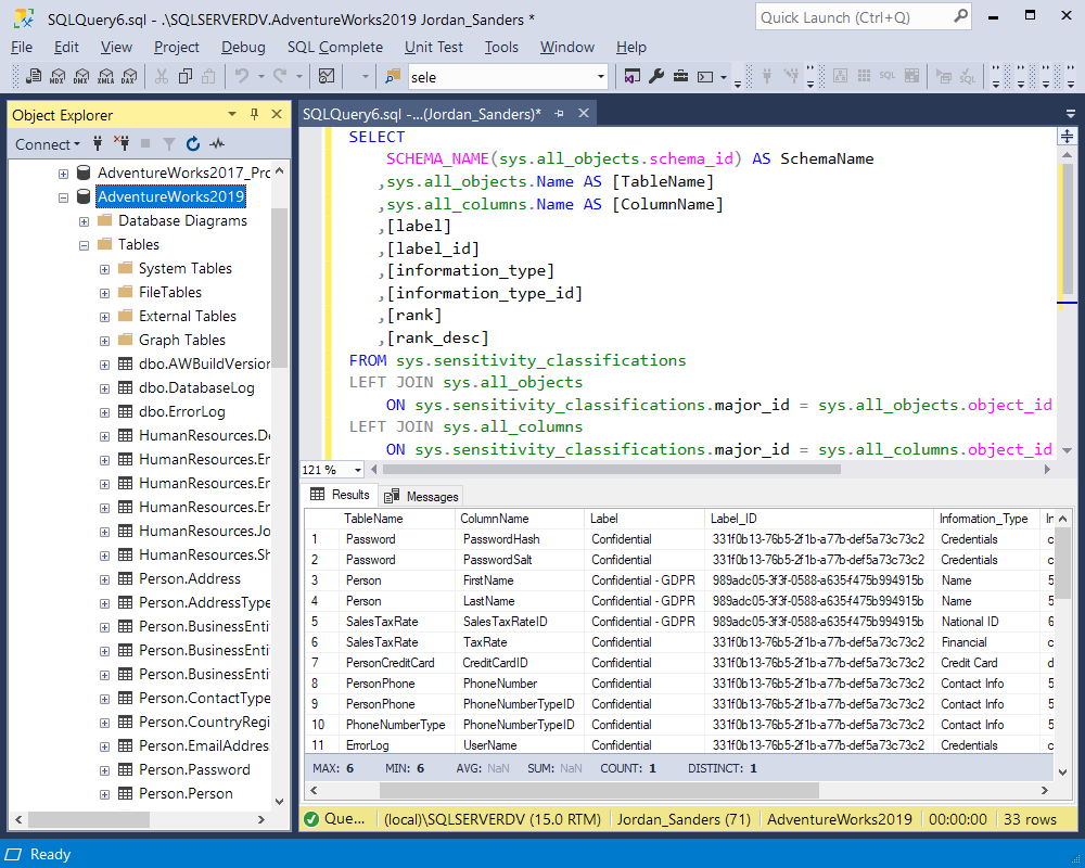 The output of the query shows the classification information