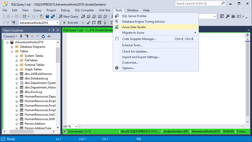 Opening Microsoft Azure Data Studio within SSMS
