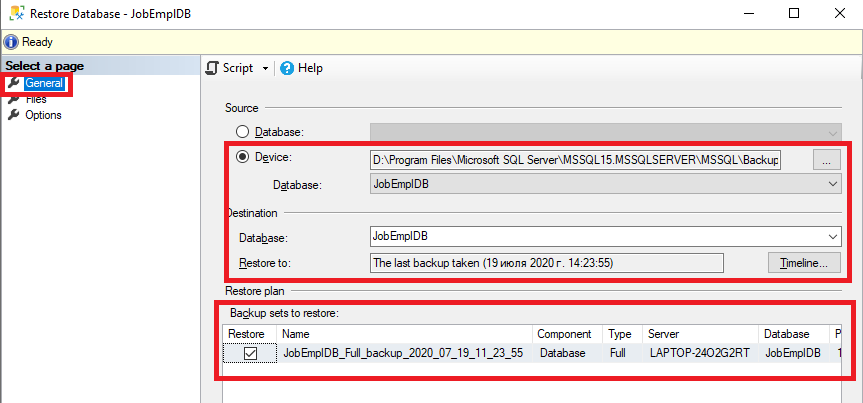 The General restore settings tab in SSMS