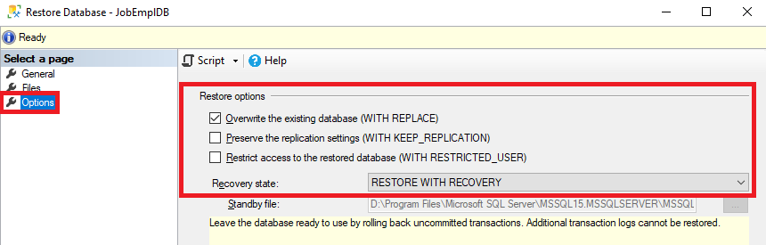 The Options tab settings in SSMS