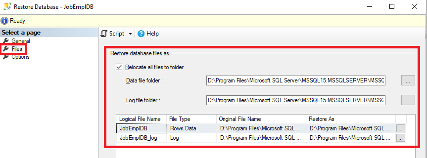 The Files tab settings in SSMS