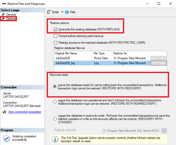 The Options tab settings in SSMS