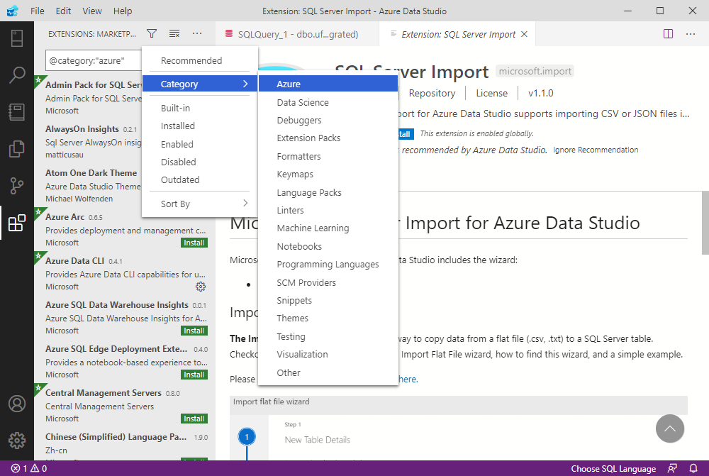 Filtering the existing extensions by category in Azure Data Studio