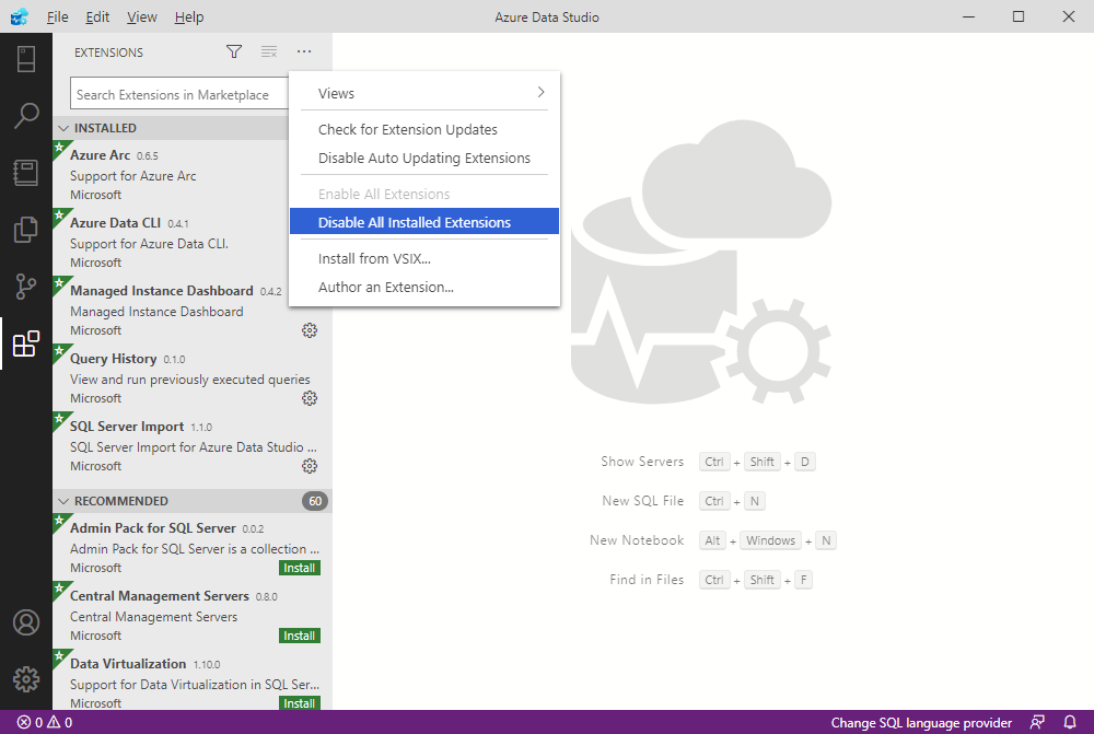 Disabling all installed extensions in Microsoft ADS