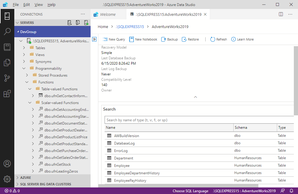 Basic Azure Data Studio features