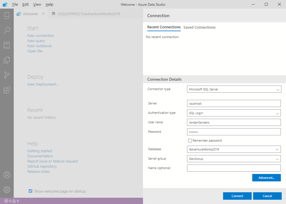 Establishing the connection to Microsoft SQL Server