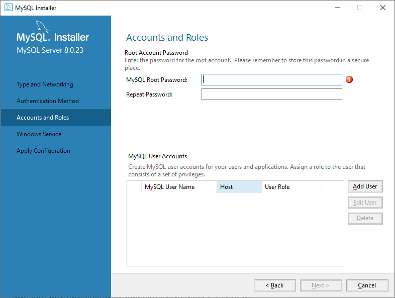 Enter the password and create MySQL user accounts
