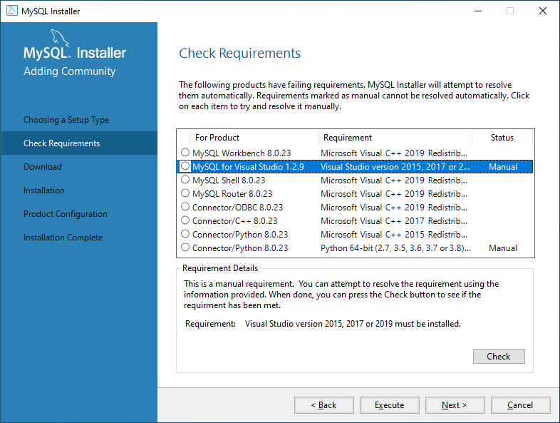 Check the status of MySQL product requirements
