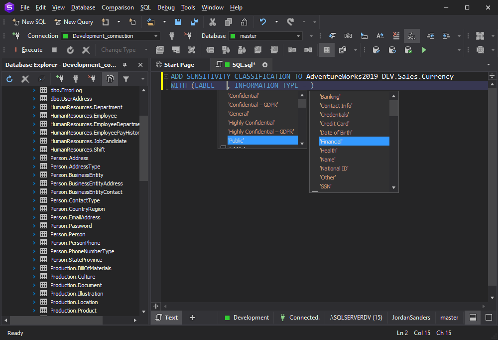 dbForge Studio for SQL Server - Sensitivity Classification