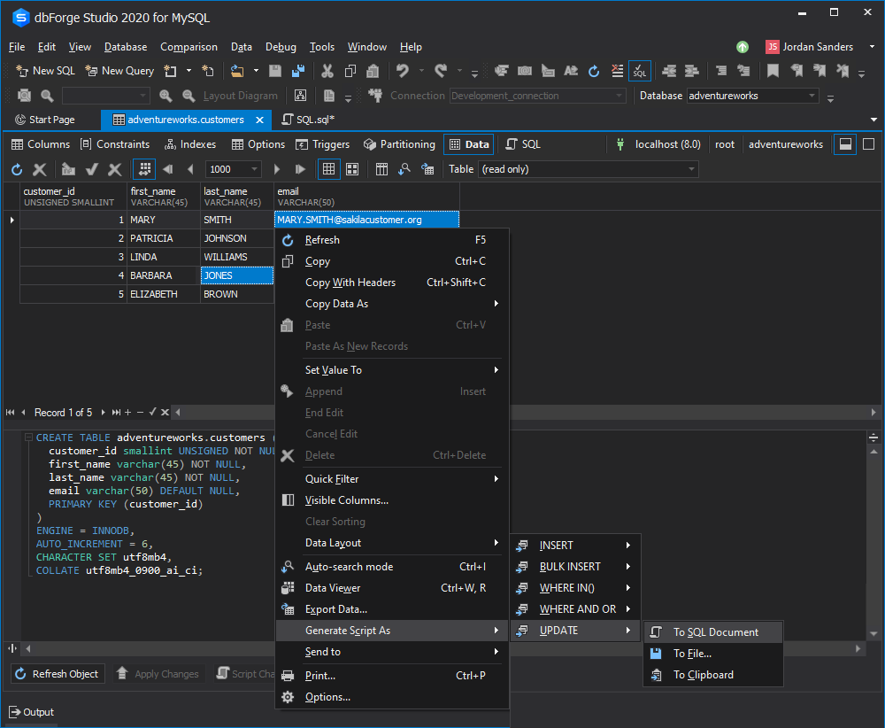 Create the UPDATE query automatically using MySQL Studio tool from dbForge