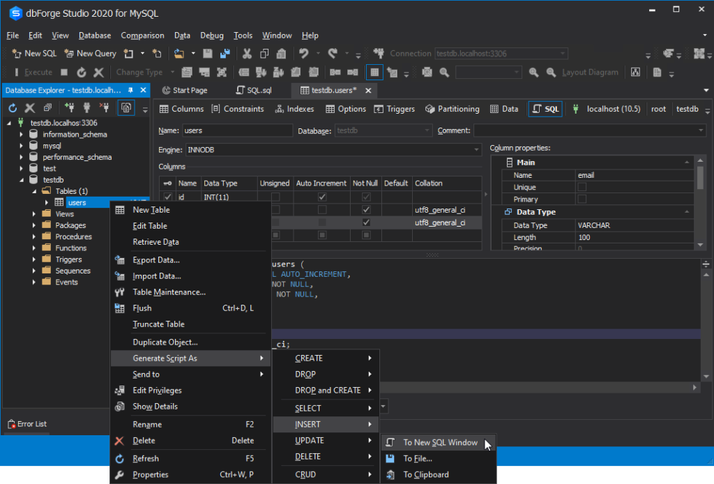 Generate the INSERT script automatically via the interface of MySQL GUI tool