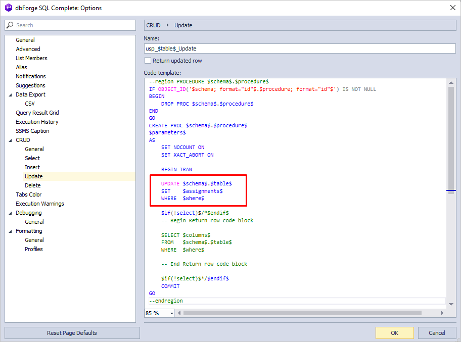 Generating an UPDATE CRUD operation in SQL