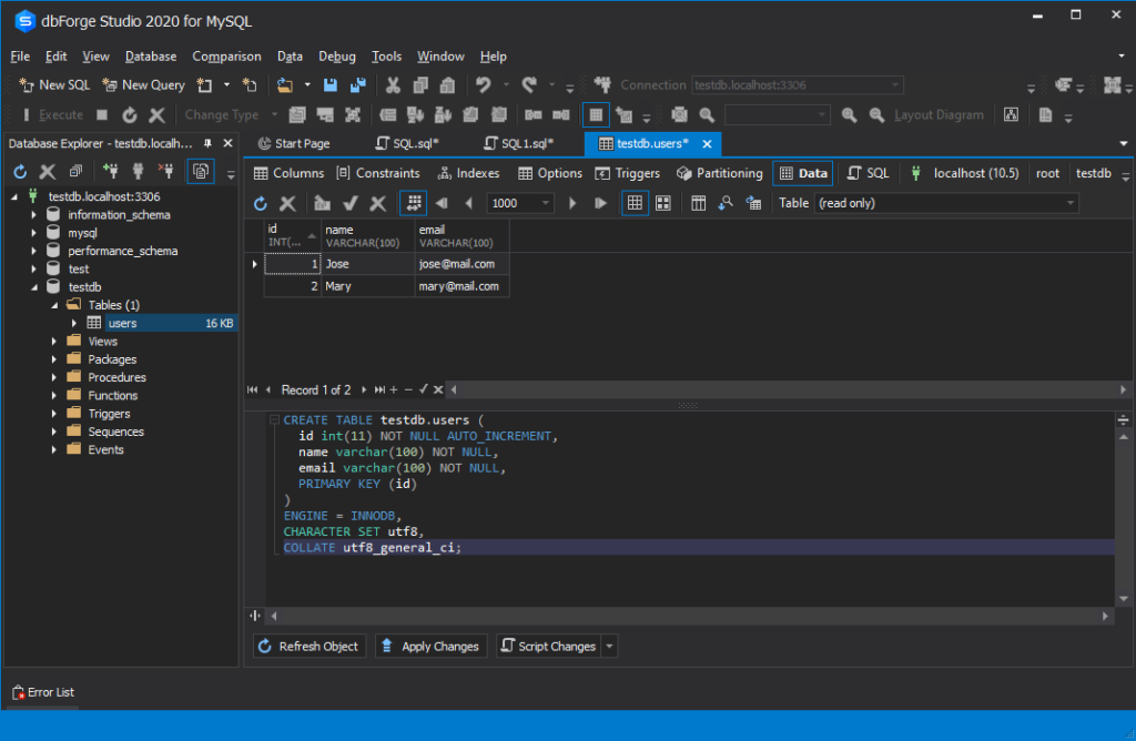 View the newly added data in the Data view mode of dbForge Studio for MySQL
