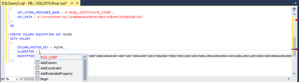 Suggestions for the algorithm in the CREATE COLUMN ENCRYPTION KEY statement available in dbForge SQL Complete