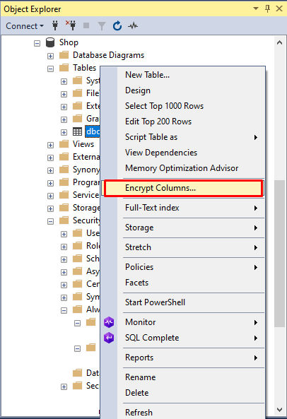 Encrypting columns in SSMS