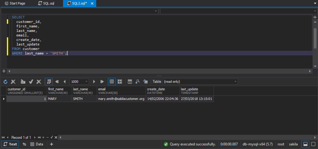 Output result after using the SELECT statement in dbForge Studio for MySQL
