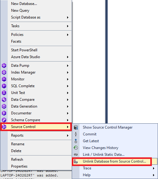 Unlink the database from Source Control