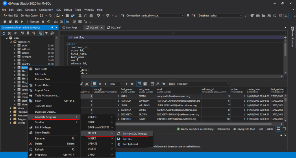 Using the Generate Script as feature to retrieve information with the SELECT statement from the MySQL table