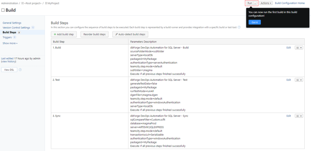 Run the project in TeamCity CI pipeline